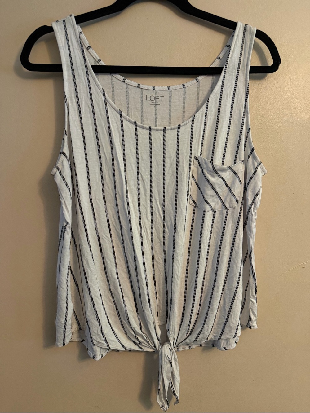 LOFT White and Black Vertical Stripe Tie-Front Tank